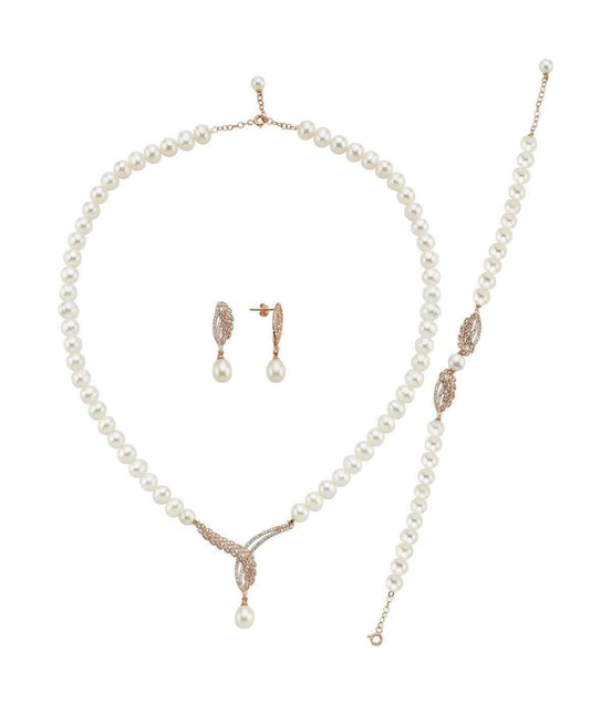 Yaprak Taşlı Doğal İnci Küpe Kolye Bileklik Üçlü Set | | Birinci1926