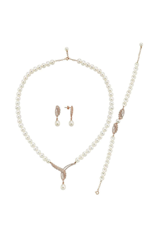 Yaprak Taşlı Doğal İnci Küpe Kolye Bileklik Üçlü Set | | Birinci1926