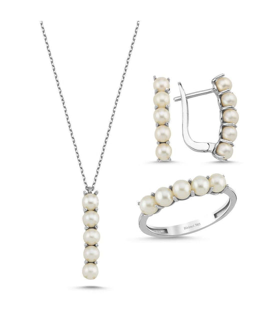 Beş Doğal İncili Küpe Kolye Yüzük Üçlü Set | | Birinci1926