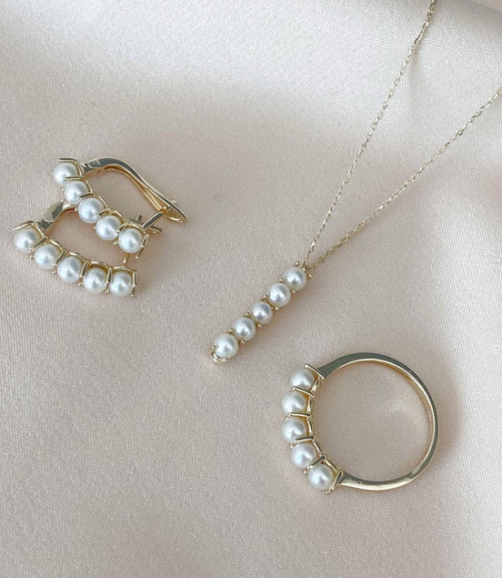 Beş Doğal İncili Küpe Kolye Yüzük Üçlü Set | | Birinci1926