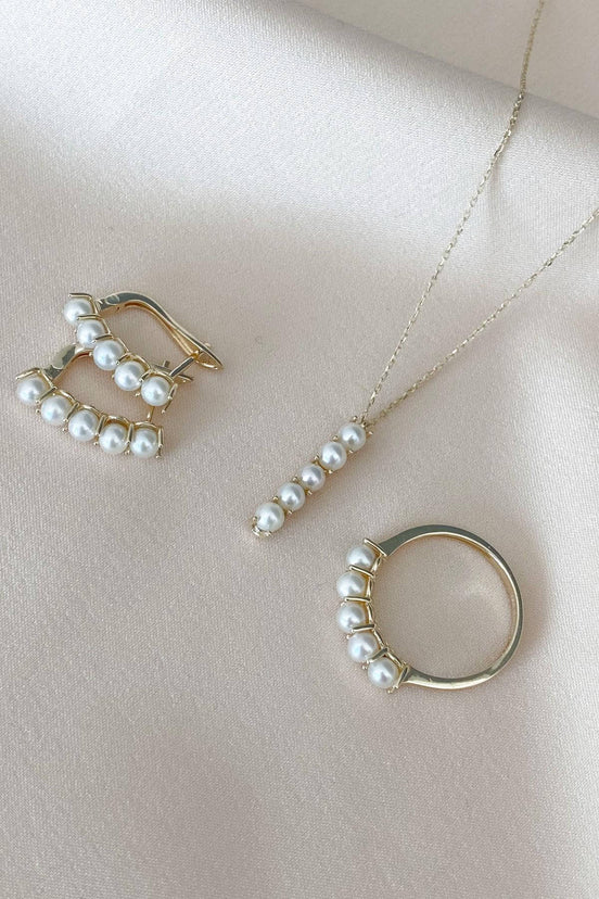 Beş Doğal İncili Küpe Kolye Yüzük Üçlü Set | | Birinci1926