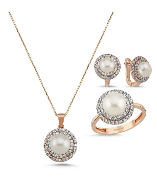 Natural Pearl Stone Earring Necklace Ring Triple Set