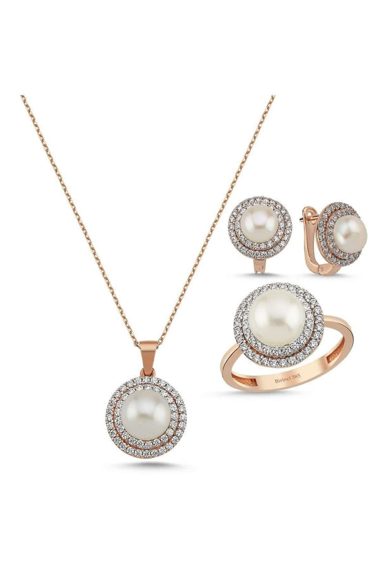 Natural Pearl Stone Earring Necklace Ring Triple Set