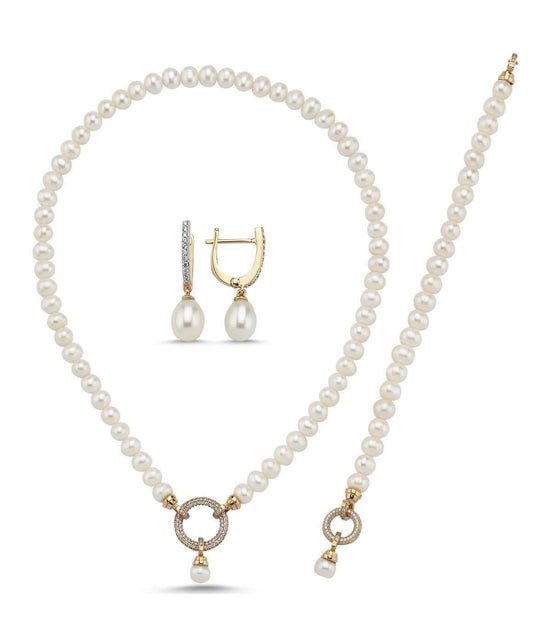 Halka Kilitli Doğal İnci Kolye Bileklik Küpe Üçlü Set | | Birinci1926