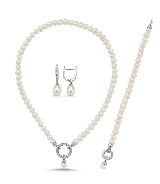 Halka Kilitli Doğal İnci Kolye Bileklik Küpe Üçlü Set | | Birinci1926