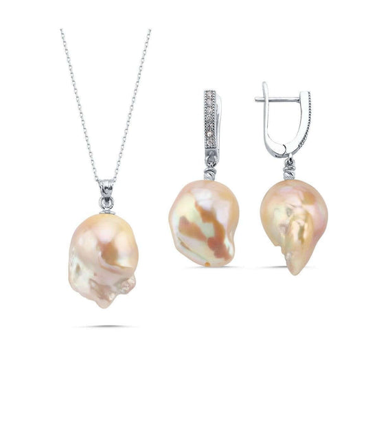 Şeftali Rengi Barok İnci Kolye Küpe İkili Set | | Birinci1926