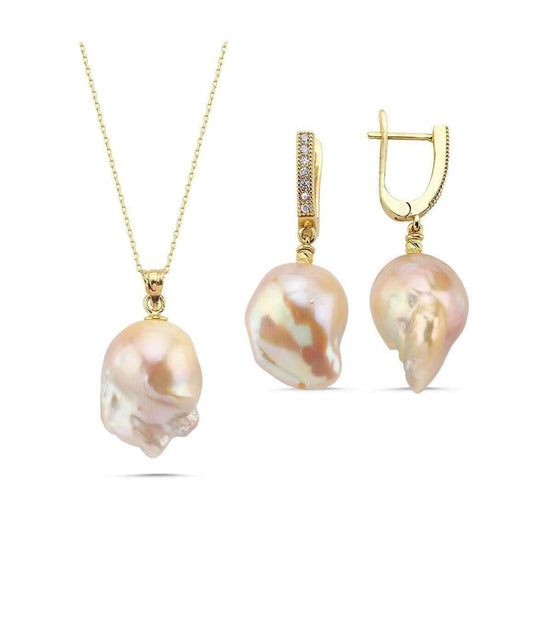 Şeftali Rengi Barok İnci Kolye Küpe İkili Set | | Birinci1926