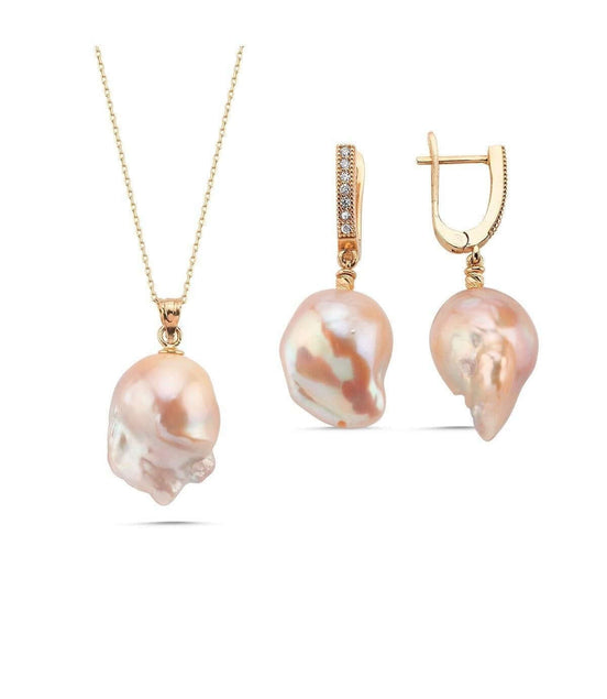 Şeftali Rengi Barok İnci Kolye Küpe İkili Set | | Birinci1926