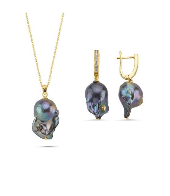 Siyah Barok İnci Kolye Küpe İkili Set | | Birinci1926