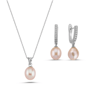 Pink Drop Natural Pearl Necklace Earring Double Set