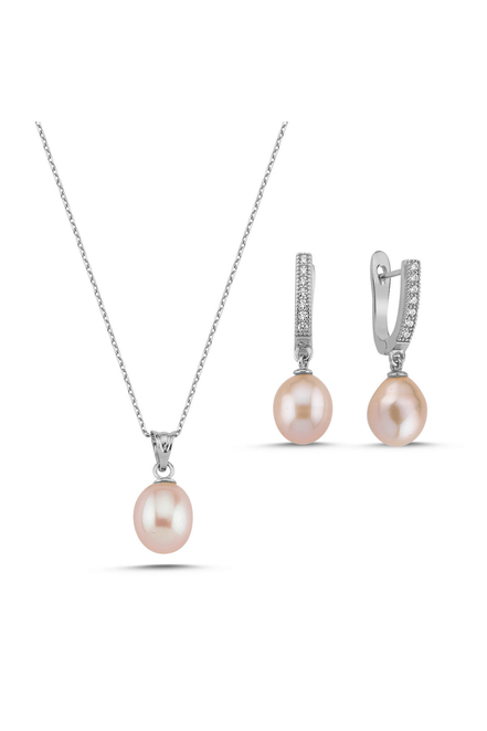 Pink Drop Natural Pearl Necklace Earring Double Set
