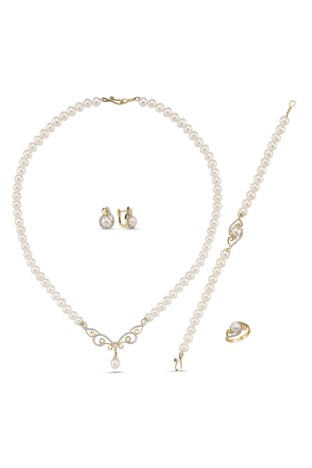 Stone Natural Pearl Necklace Bracelet Ring Earring Quadruple Set