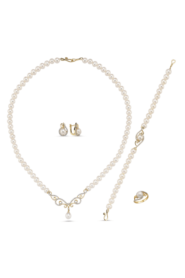 Stone Natural Pearl Necklace Bracelet Ring Earring Quadruple Set