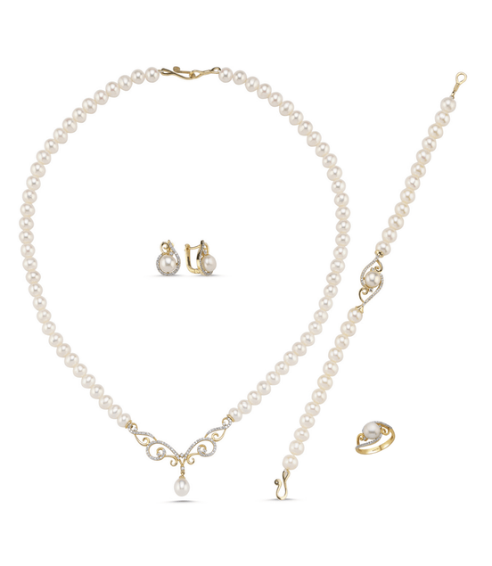 Stone Natural Pearl Necklace Bracelet Ring Earring Quadruple Set