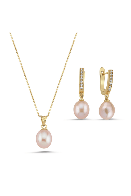 Pembe Damla Doğal İnci Kolye Küpe İkili Set | | Birinci1926