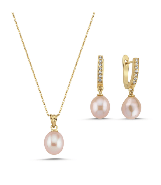 Pembe Damla Doğal İnci Kolye Küpe İkili Set | | Birinci1926
