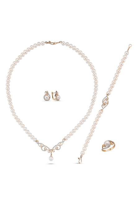 Stone Natural Pearl Necklace Bracelet Ring Earring Quadruple Set