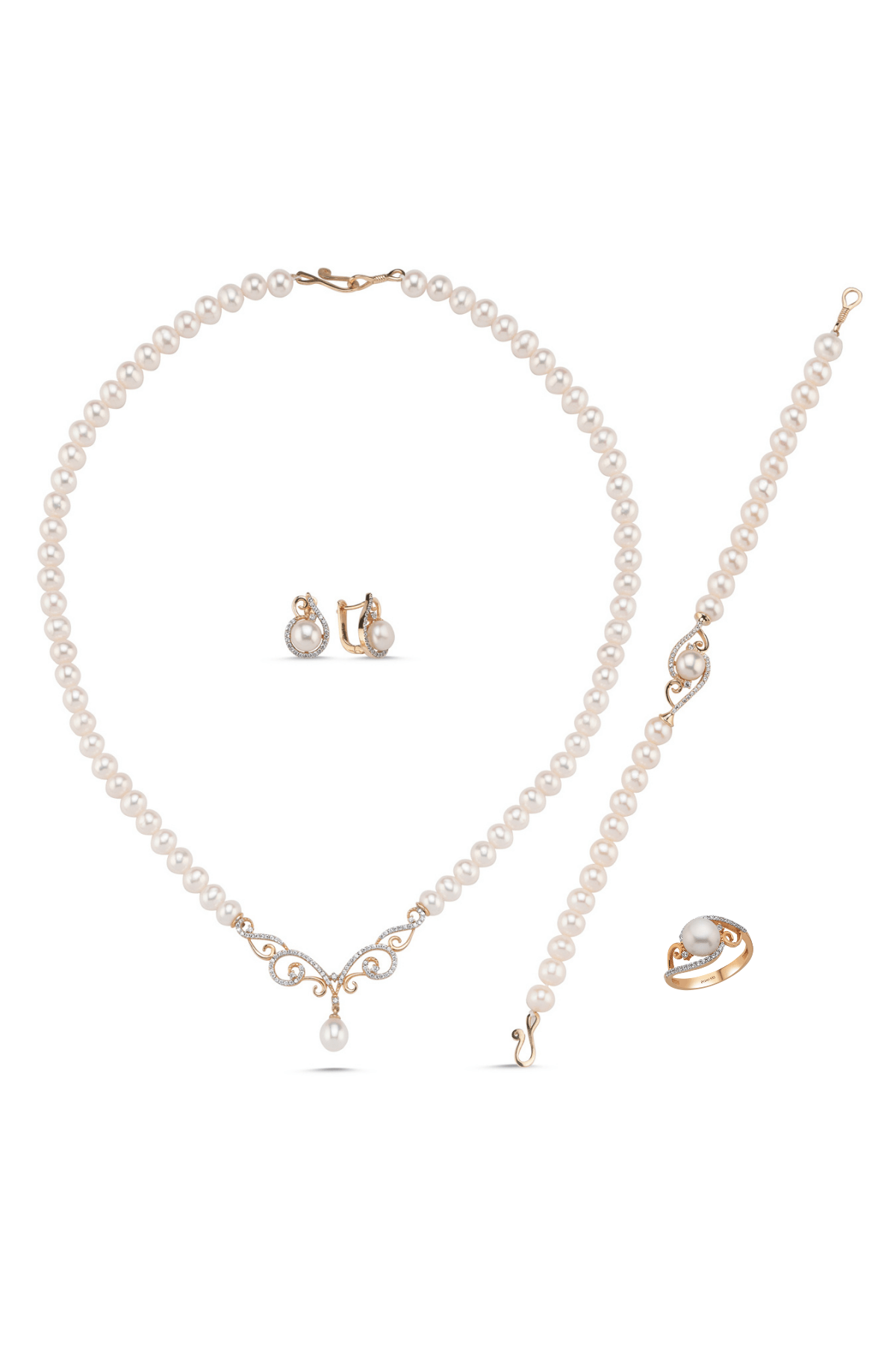 Stone Natural Pearl Necklace Bracelet Ring Earring Quadruple Set