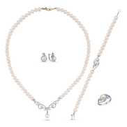 Stone Natural Pearl Necklace Bracelet Ring Earring Quadruple Set