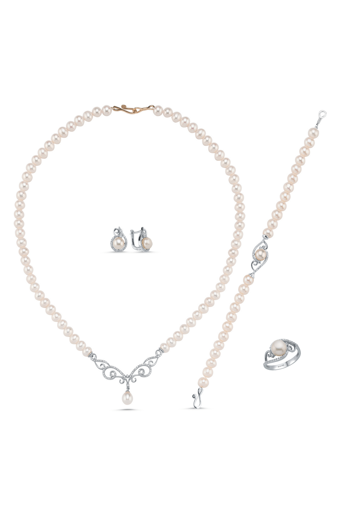 Stone Natural Pearl Necklace Bracelet Ring Earring Quadruple Set