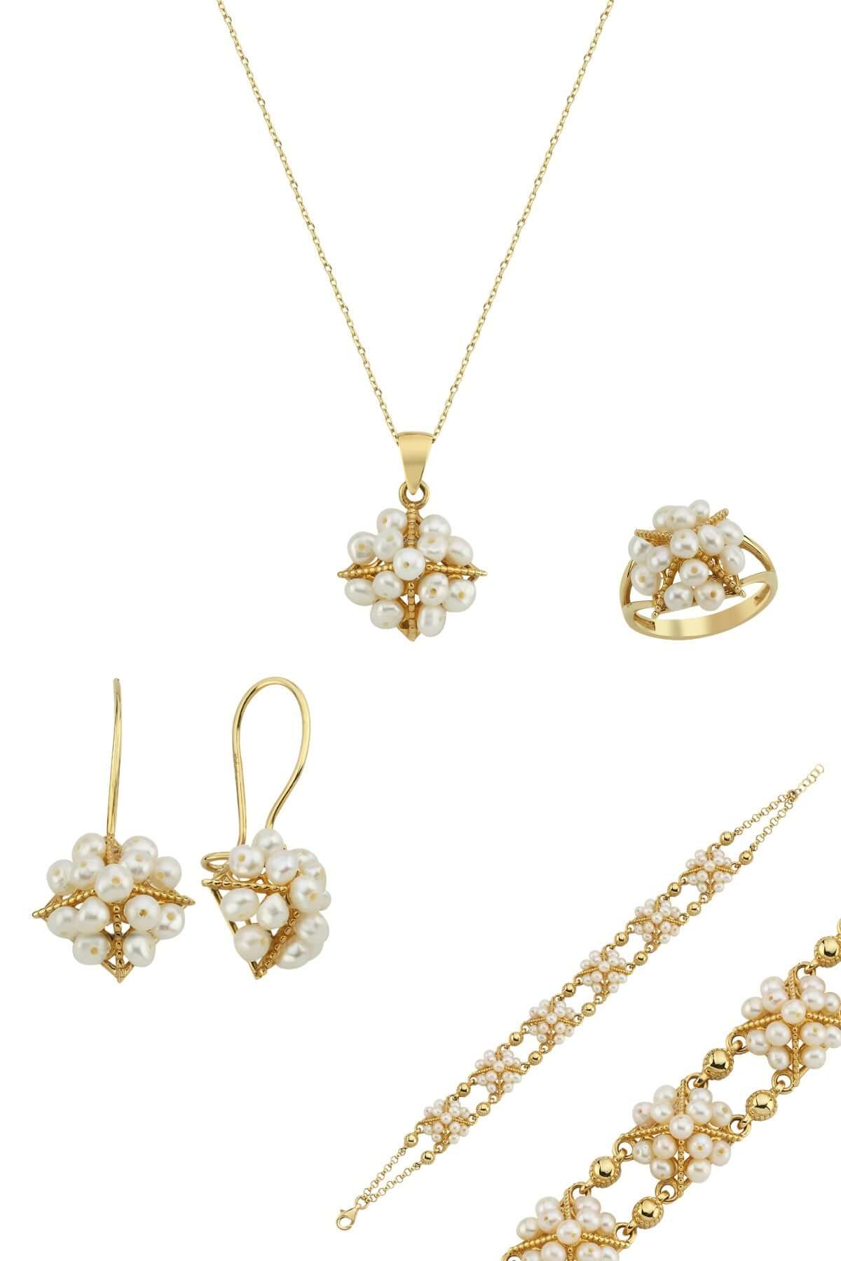 Pyramid Model Natural Pearl Earring Necklace Bracelet Ring Quadruple Set