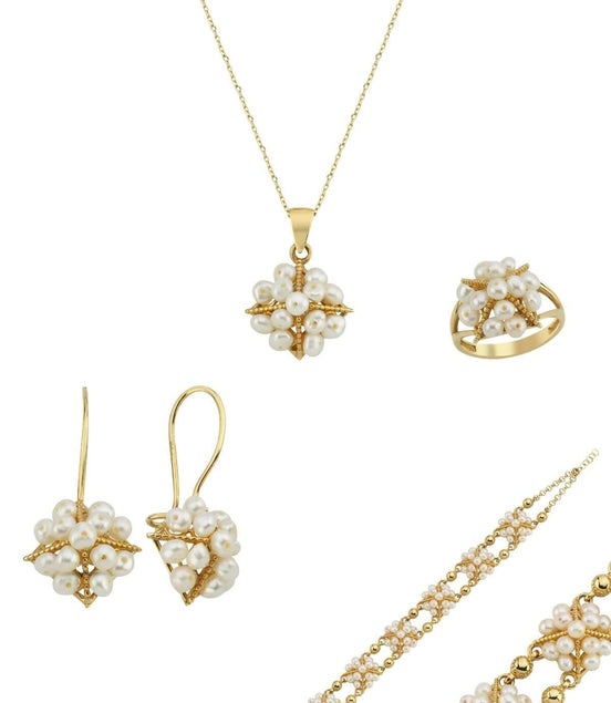 Pyramid Model Natural Pearl Earring Necklace Bracelet Ring Quadruple Set