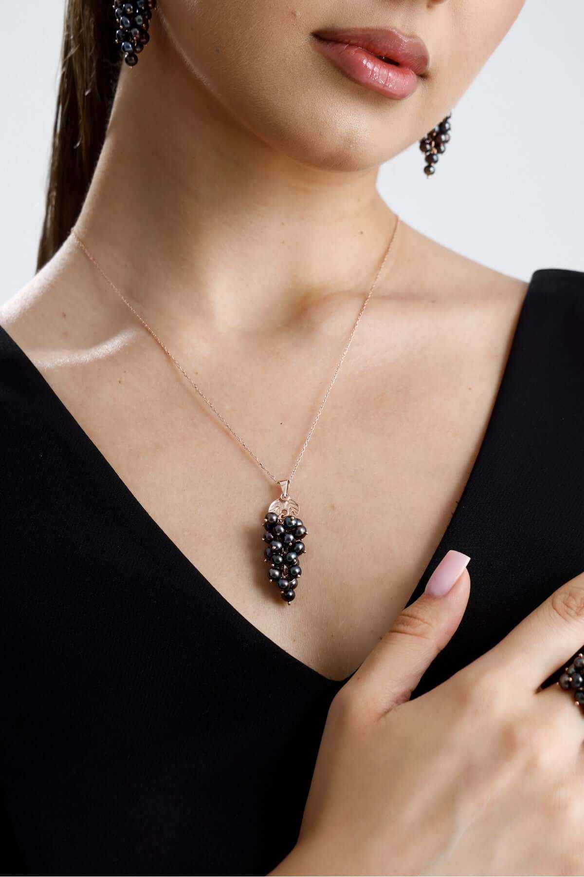 Grape Salkımı Doğal İnci Küpe Kolye Yüzük Üçlü Set | | Birinci1926