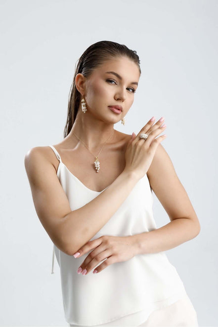 Grape Cluster Natural Pearl Necklace Ring Double Set