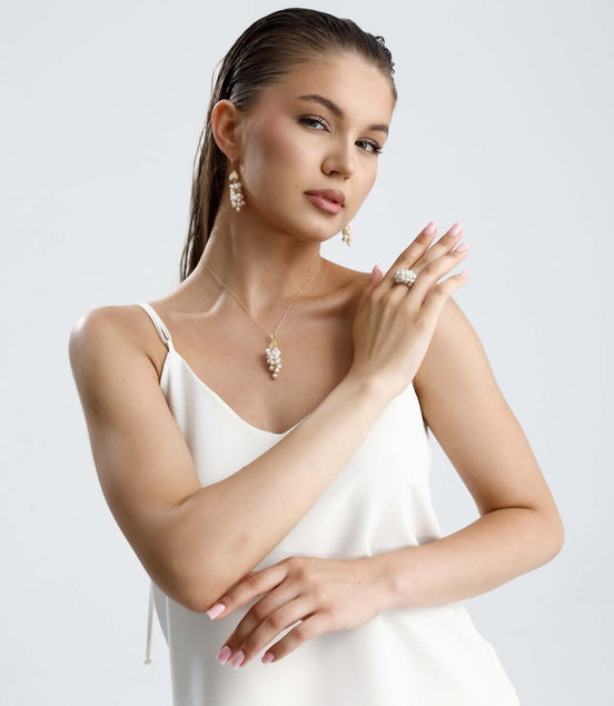 Grape Cluster Natural Pearl Necklace Ring Double Set