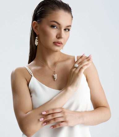 Grape Cluster Natural Pearl Earring Necklace Ring Triple Set