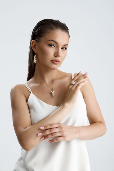 Grape Cluster Natural Pearl Earring Necklace Ring Triple Set