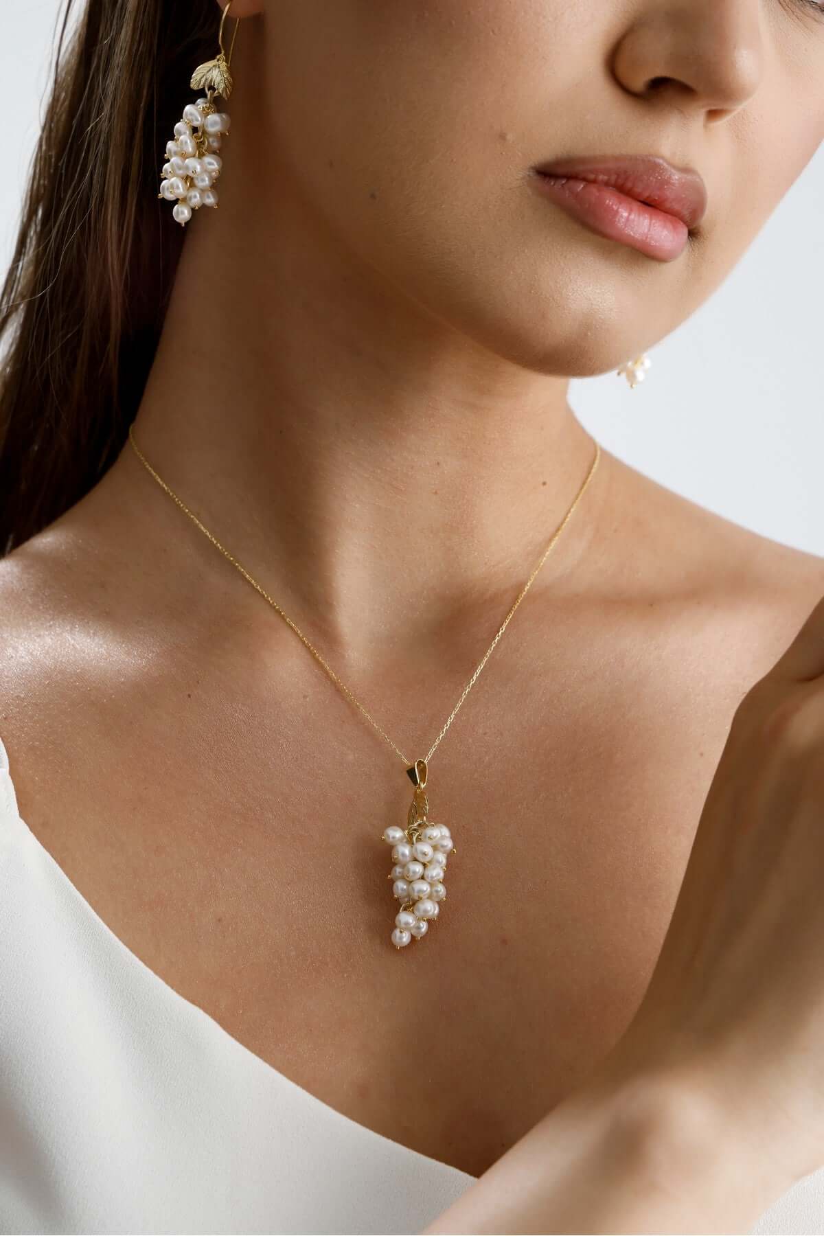 Grape Cluster Natural Pearl Necklace Ring Double Set