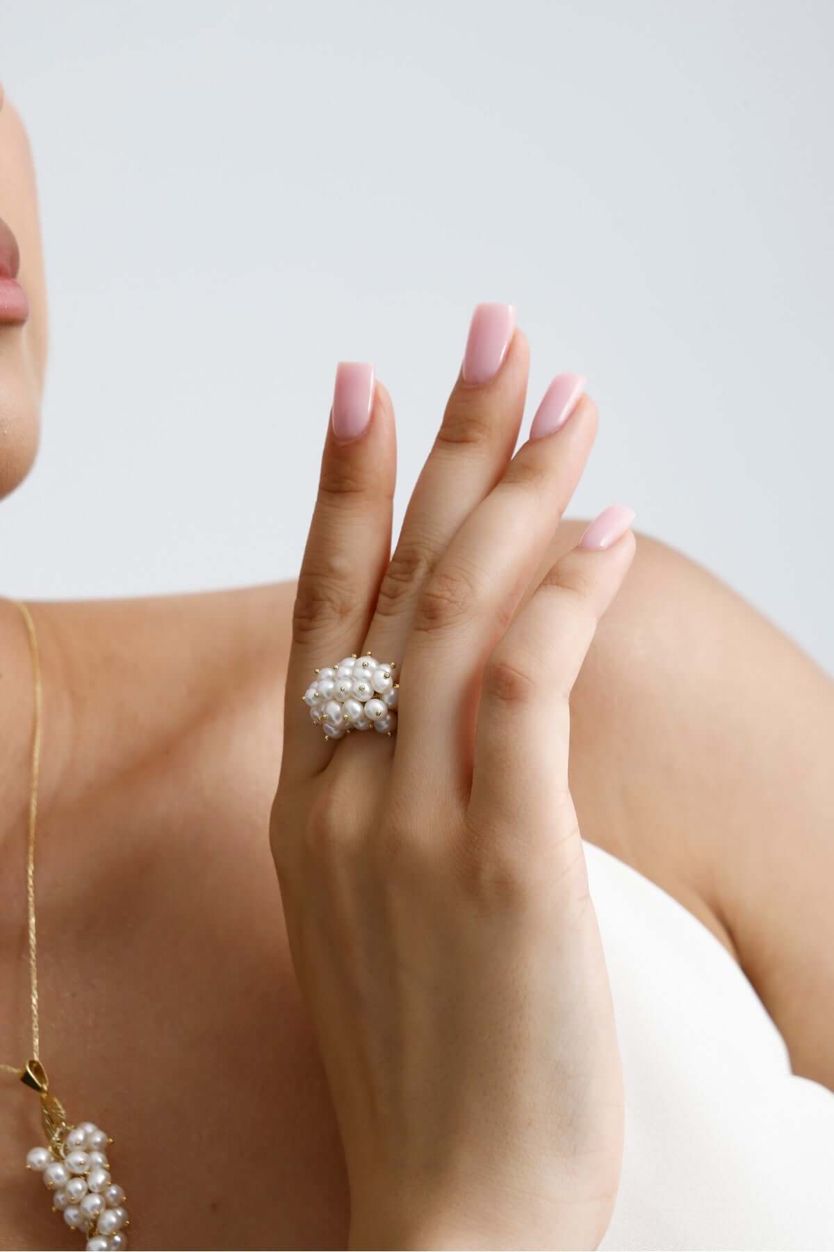 Grape Cluster Natural Pearl Necklace Ring Double Set