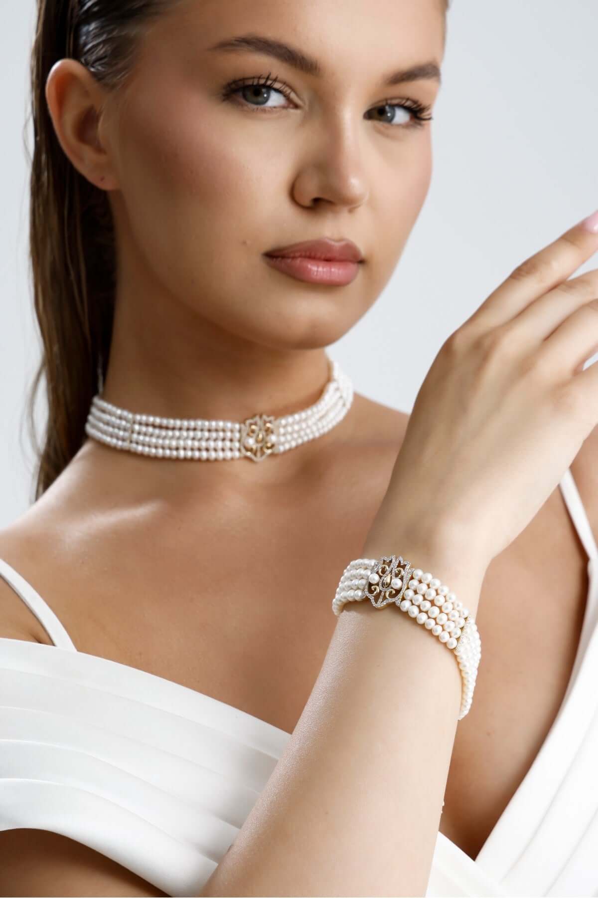 Lale Motif Dört Sıralı Doğal İnci Kolye | İnci Kolye | Birinci1926