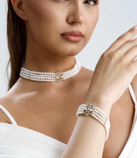 Lale Motif Dört Sıralı Doğal İnci Kolye Bileklik İkili Set | İnci Set | Birinci1926