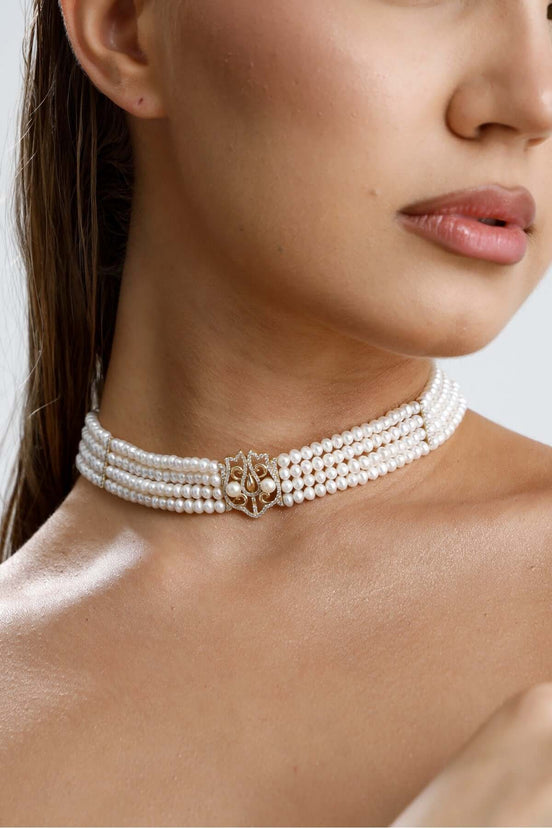 Lale Motif Dört Sıralı Doğal İnci Kolye | İnci Kolye | Birinci1926