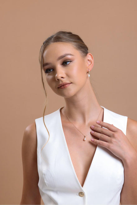 Drop Natural Pearl Necklace Earring Double Set