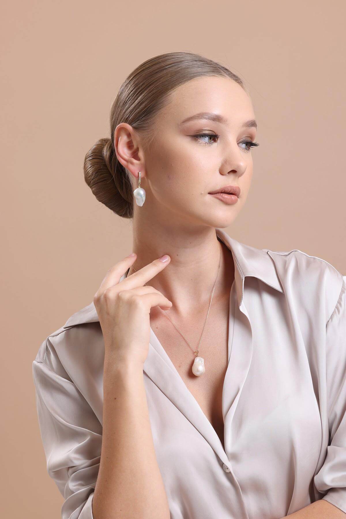 Baroque Natural Pearl Earring Necklace Double Set