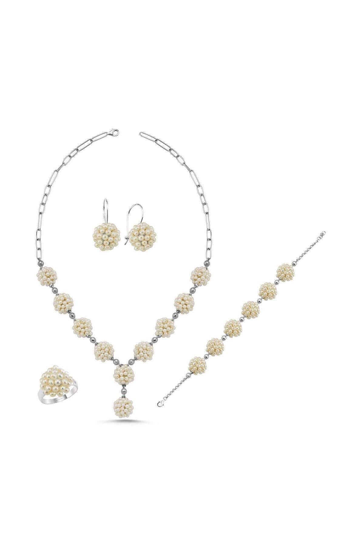 Natural Pearl Earring Necklace Bracelet Ring Quadruple Set