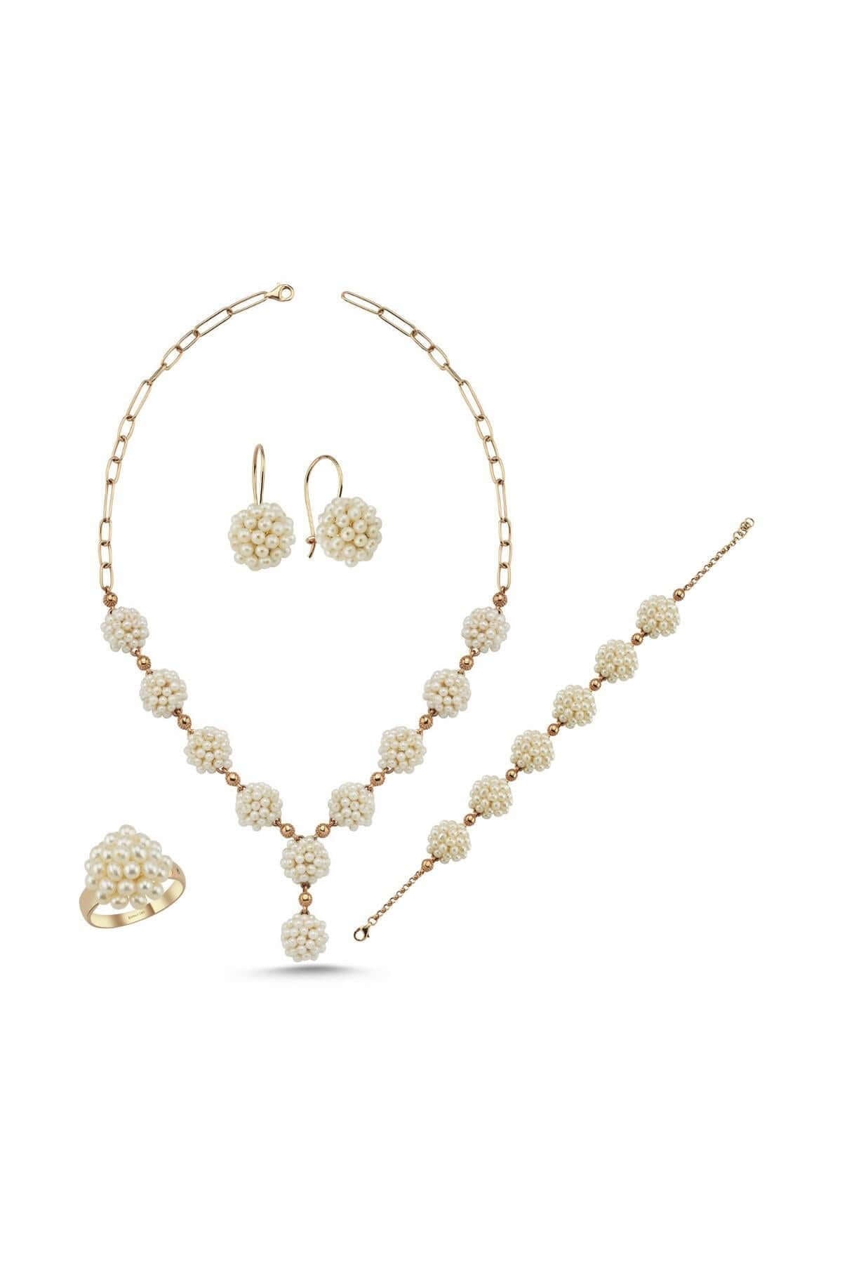 Natural Pearl Earring Necklace Bracelet Ring Quadruple Set