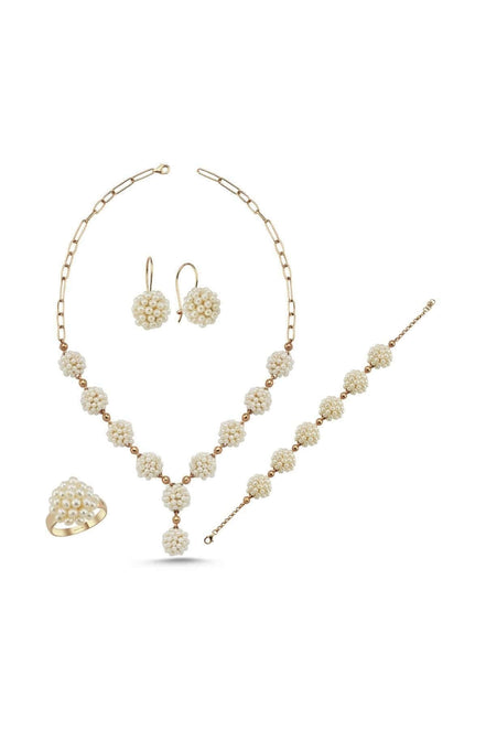 Natural Pearl Earring Necklace Bracelet Ring Quadruple Set