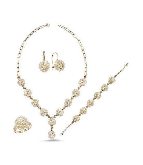 Natural Pearl Earring Necklace Bracelet Ring Quadruple Set