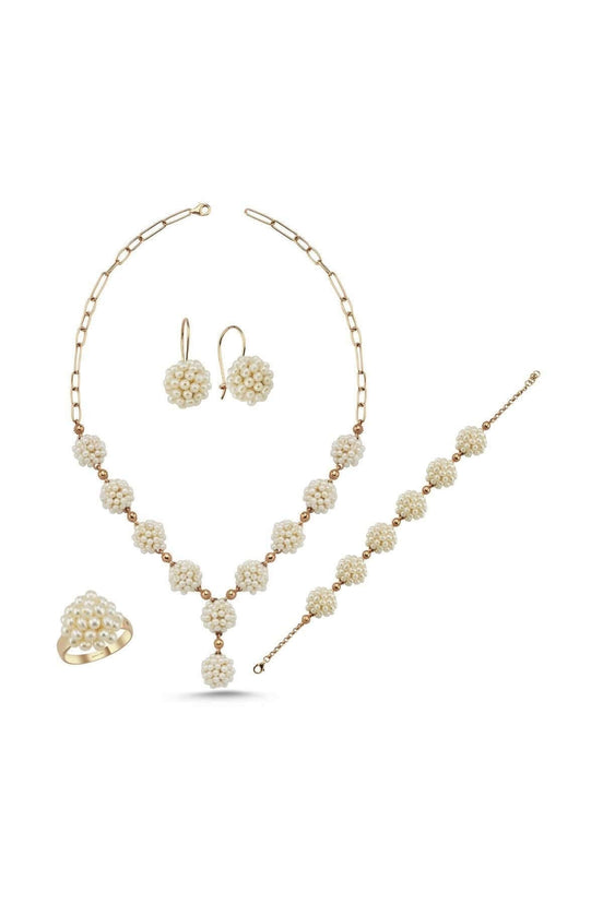 Natural Pearl Earring Necklace Bracelet Ring Quadruple Set