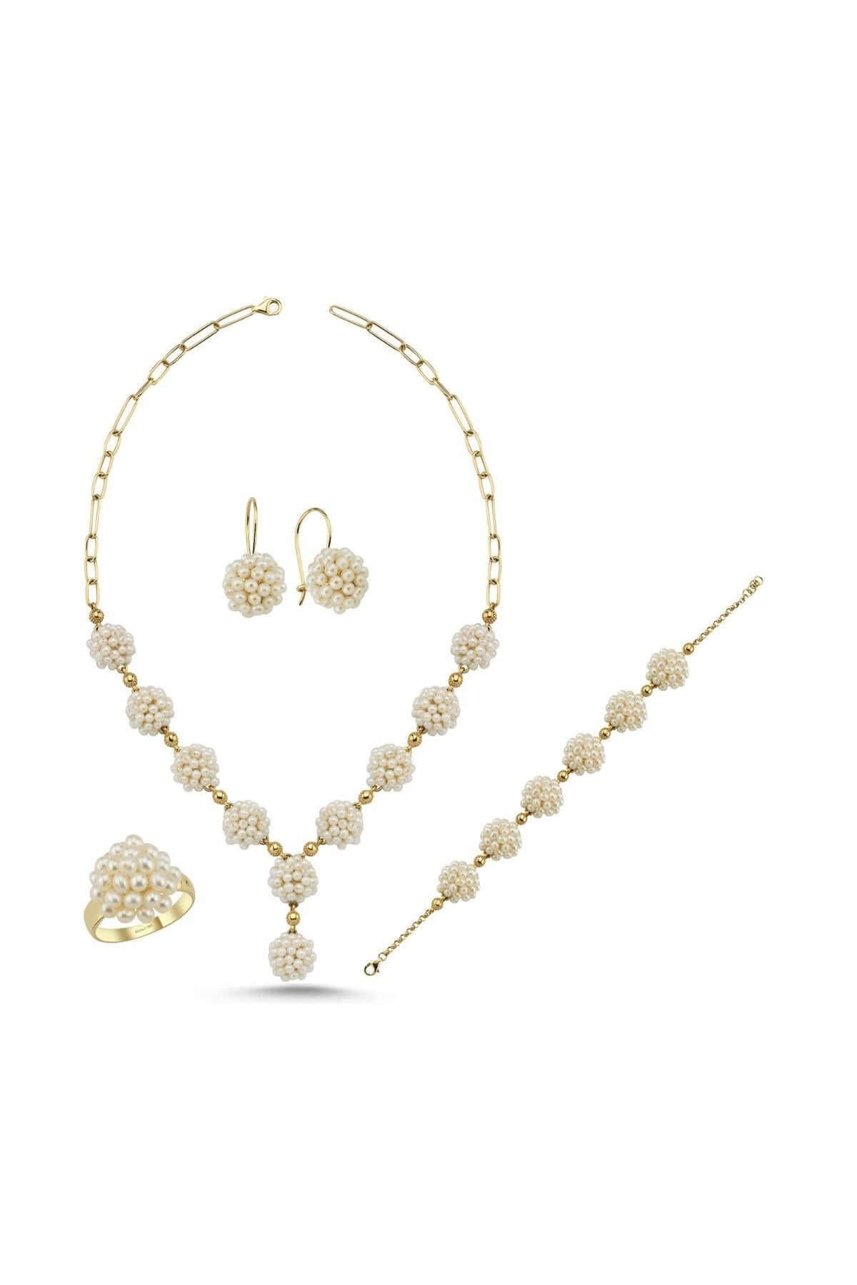 Natural Pearl Earring Necklace Bracelet Ring Quadruple Set