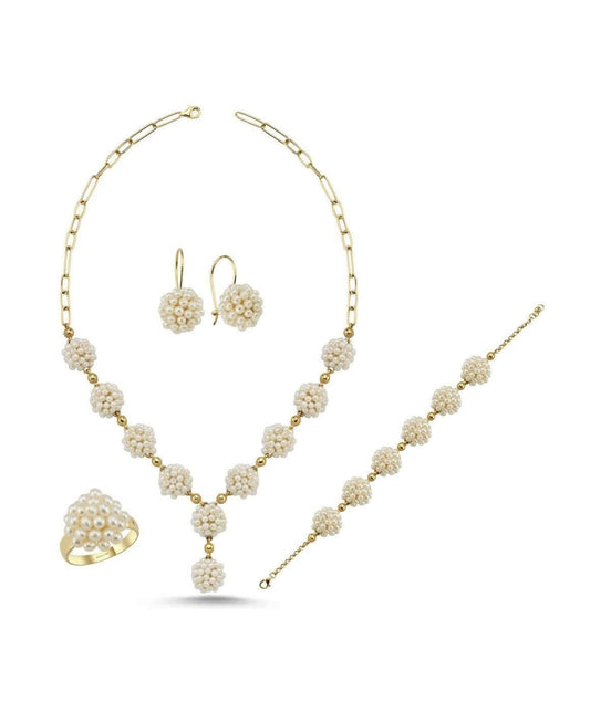 Natural Pearl Earring Necklace Bracelet Ring Quadruple Set