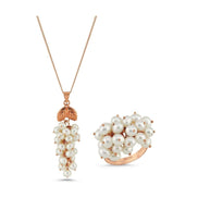Grape Cluster Natural Pearl Necklace Ring Double Set