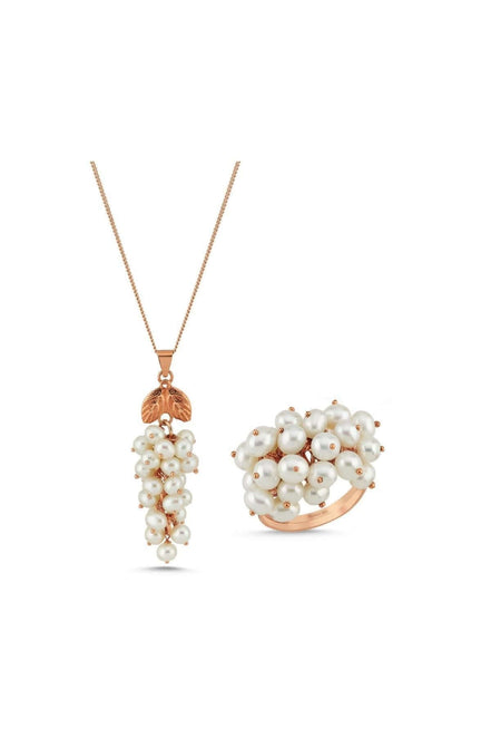 Grape Cluster Natural Pearl Necklace Ring Double Set