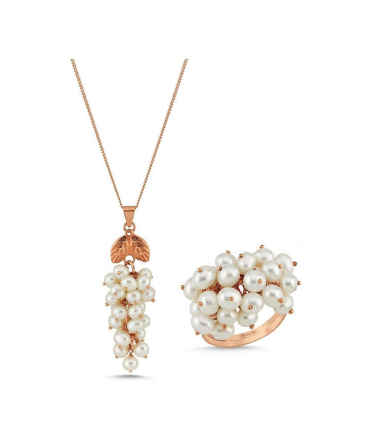 Grape Cluster Natural Pearl Necklace Ring Double Set