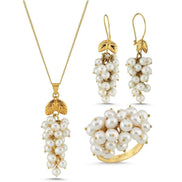 Grape Cluster Natural Pearl Earring Necklace Ring Triple Set