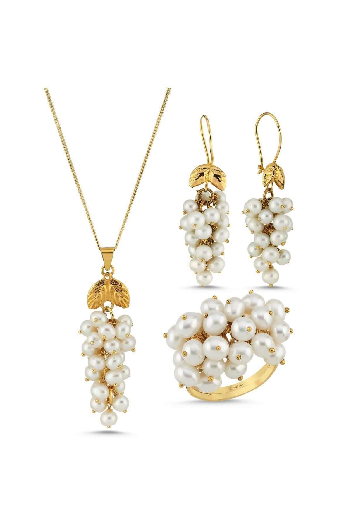 Grape Cluster Natural Pearl Earring Necklace Ring Triple Set